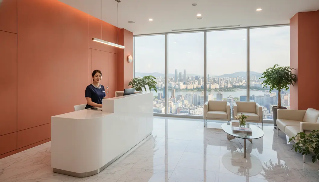 The reception area of a top-tier clinic in Gangnam, ready to welcome international visitors.