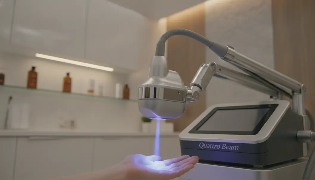 The advanced Quattro Beam laser uses four distinct wavelengths to effectively target and break down skin pigmentation.