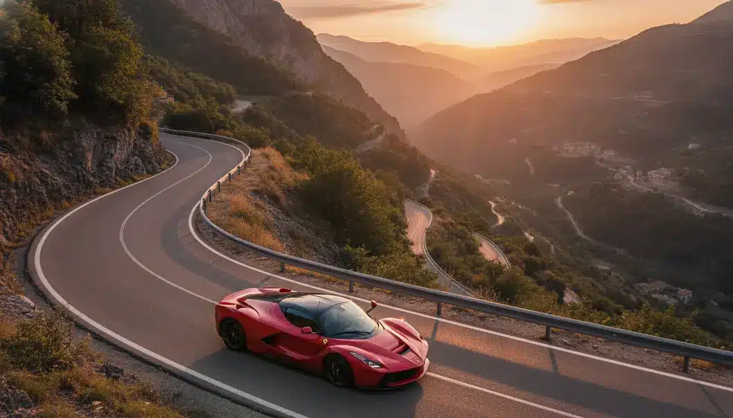 The LaFerrari driving on a scenic road, perfectly blending aggressive performance with stunning aesthetics.