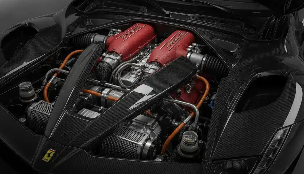 The stunning 6.3L V12 HY-KERS powertrain wrapped in beautifully sculpted carbon fiber.