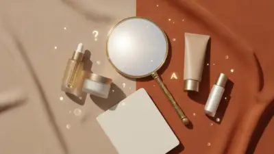 A flat lay of premium skincare products, a mirror, and subtle glowing particles symbolizing skin rejuvenation and FAQs.