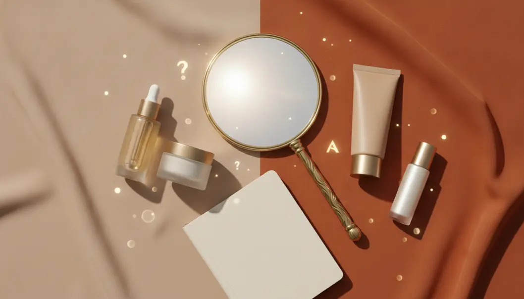 A flat lay of premium skincare products, a mirror, and subtle glowing particles symbolizing skin rejuvenation and FAQs.