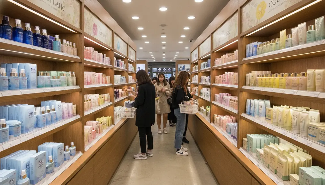 Inside a vibrant Myeongdong skincare boutique.