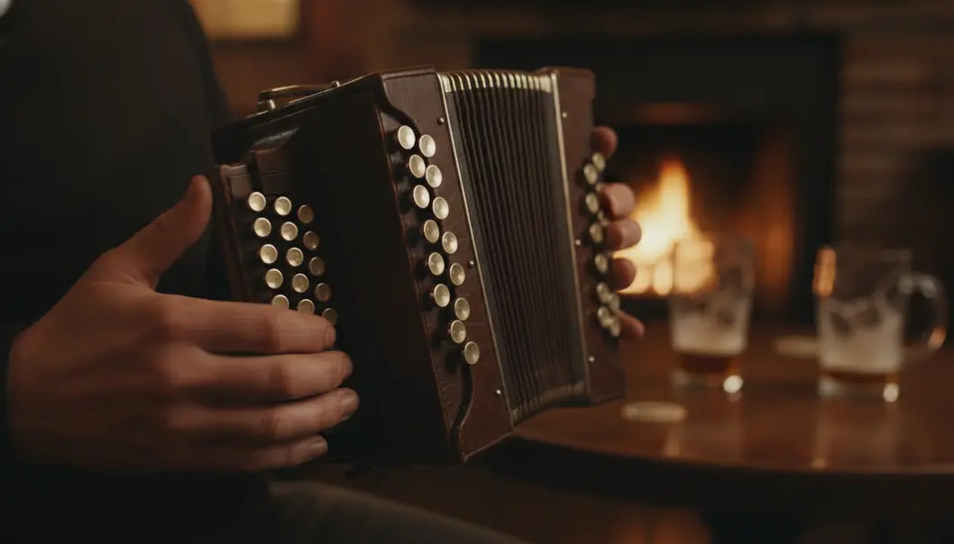 The concertina is a visually striking hexagonal instrument that requires both hands to play.