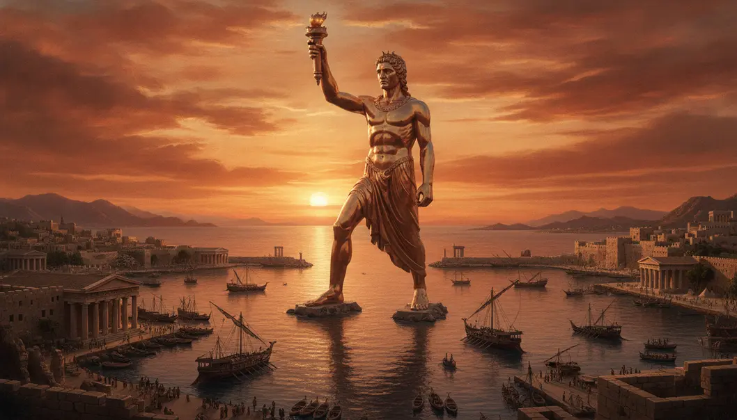 The majestic Colossus of Rhodes, built in honor of Helios.