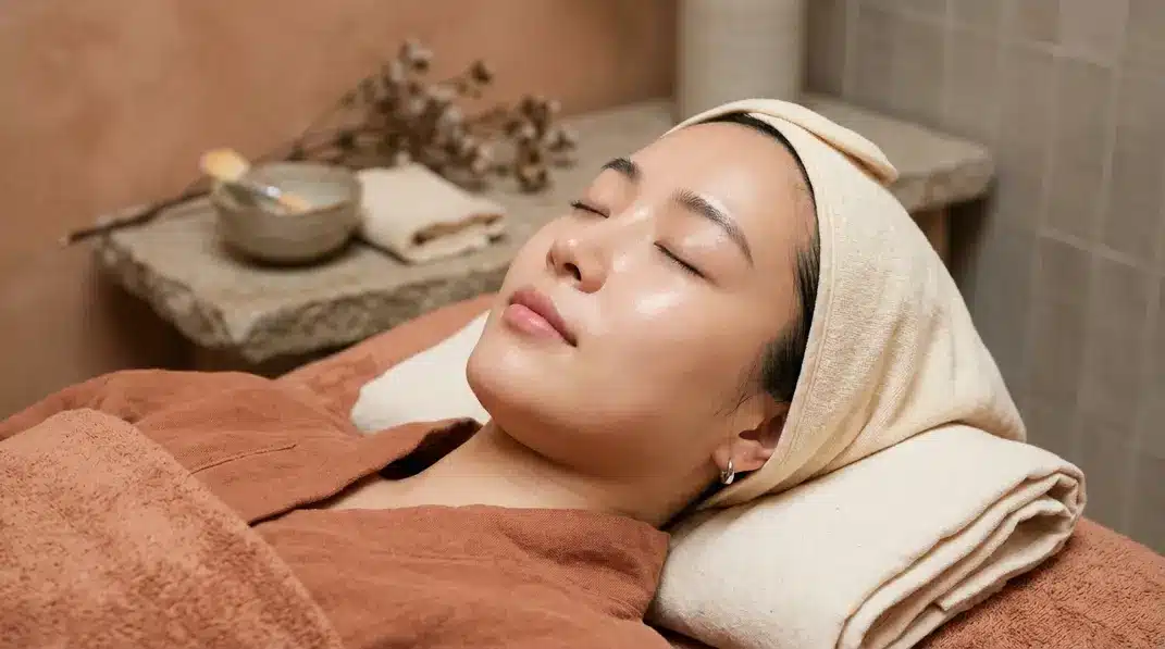 A close-up photo of a fresh, glowing woman's face relaxing in a spa, reflecting clear and radiant skin.