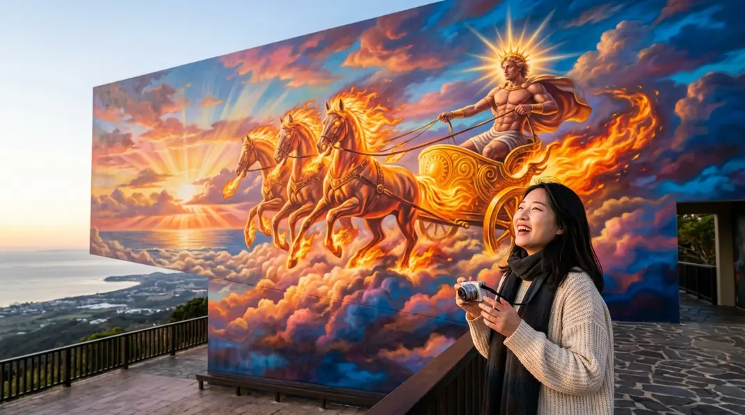 Helios driving a fiery chariot pulled by four horses across a radiant sky.