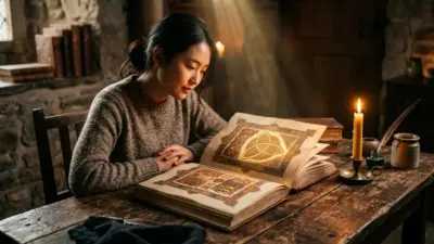 An illuminated ancient manuscript displaying a Celtic Triquetra symbol, glowing softly in warm candlelight.