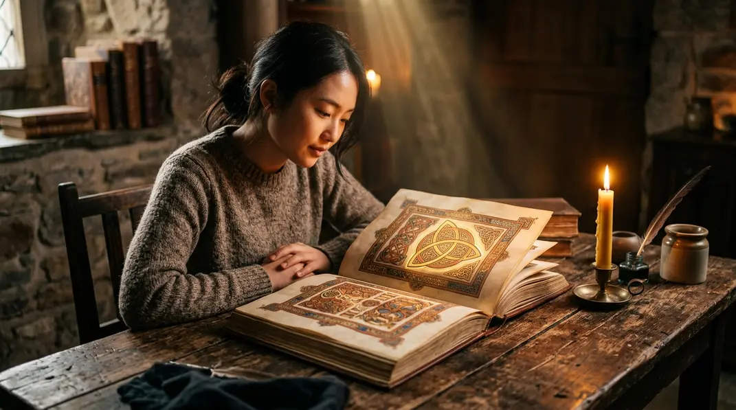 An illuminated ancient manuscript displaying a Celtic Triquetra symbol, glowing softly in warm candlelight.