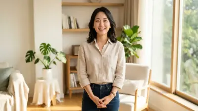 A calm and confident person smiling brightly in a sunlit room, wearing crisp, dry clothing, conveying relief from excessive sweating.