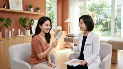 A woman receiving a skincare consultation from a dermatologist in a bright, modern clinic.