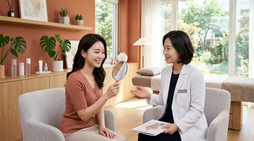 A woman receiving a skincare consultation from a dermatologist in a bright, modern clinic.