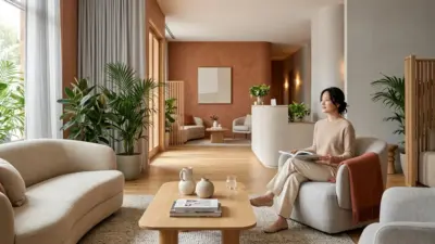 A serene, bright, spa-like medical clinic waiting room with warm terracotta and light gray accents.