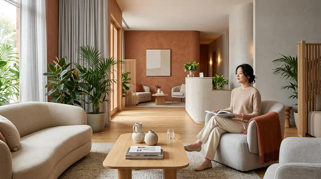 A serene, bright, spa-like medical clinic waiting room with warm terracotta and light gray accents.