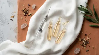 Luxurious flat lay of Jalupro skin booster treatment vials and syringe.