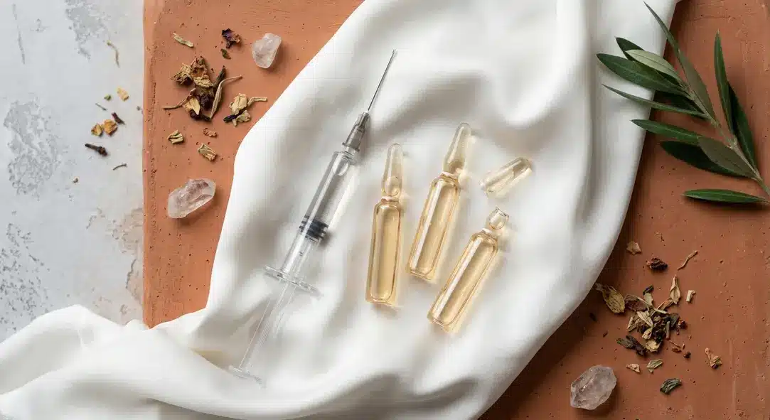 Luxurious flat lay of Jalupro skin booster treatment vials and syringe.
