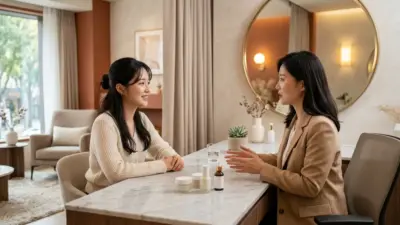 A modern and luxurious South Korean aesthetic clinic consultation room reflecting a relaxing beauty tourism experience.