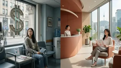 A visual comparison between US and South Korean plastic surgery clinics, highlighting cost and modern facilities.