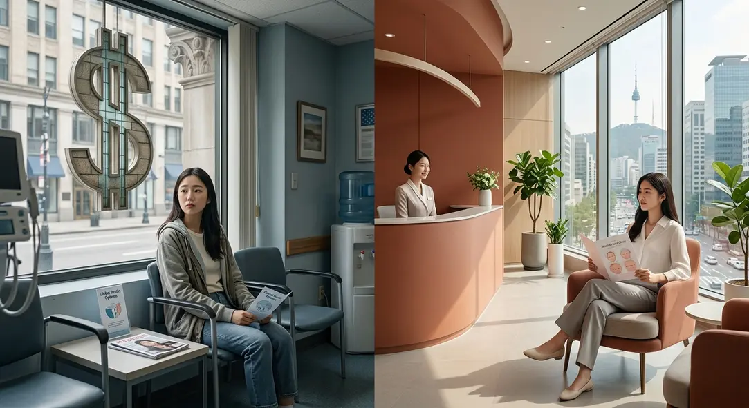 A visual comparison between US and South Korean plastic surgery clinics, highlighting cost and modern facilities.