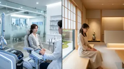Split screen showing a futuristic beauty clinic in Seoul and a serene, zen wooden dermatology clinic in Tokyo