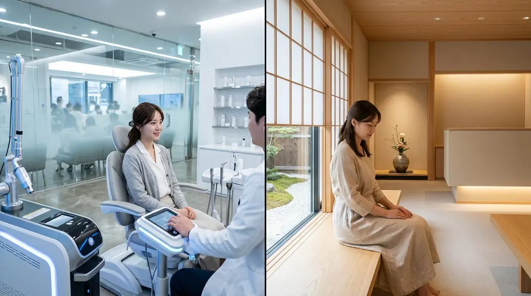 Split screen showing a futuristic beauty clinic in Seoul and a serene, zen wooden dermatology clinic in Tokyo
