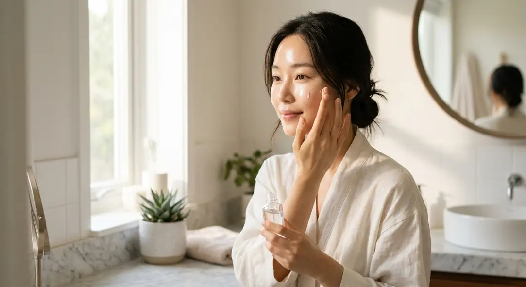 A portrait of a woman with glowing, dewy glass skin applying a luxurious serum in a bright, sunlit bathroom.
