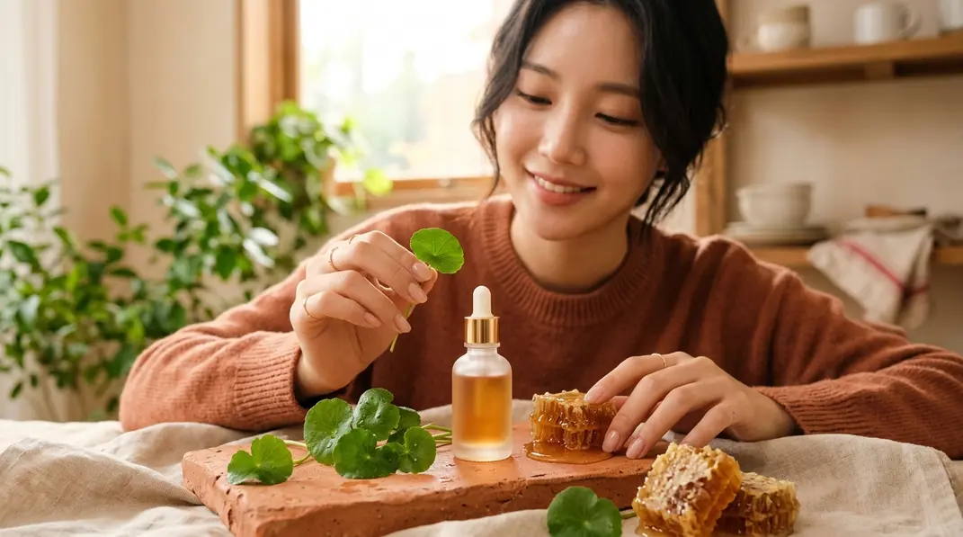 A glowing Korean ampoule bottle surrounded by natural ingredients.