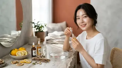Elegant Korean skincare setup with glowing elements and natural brightening ingredients.