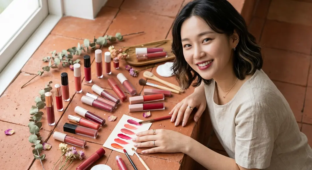 A beautiful flat lay collection of various Korean lip tint products.