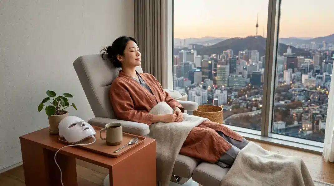 A peaceful recovery room in a modern South Korean clinic with a view of the Seoul skyline.