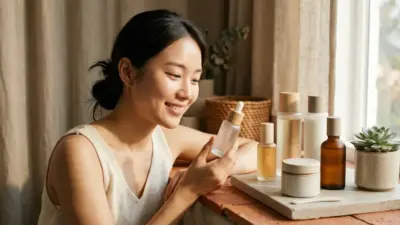 A diverse array of Korean skincare products seamlessly arranged on a textured terracotta surface.