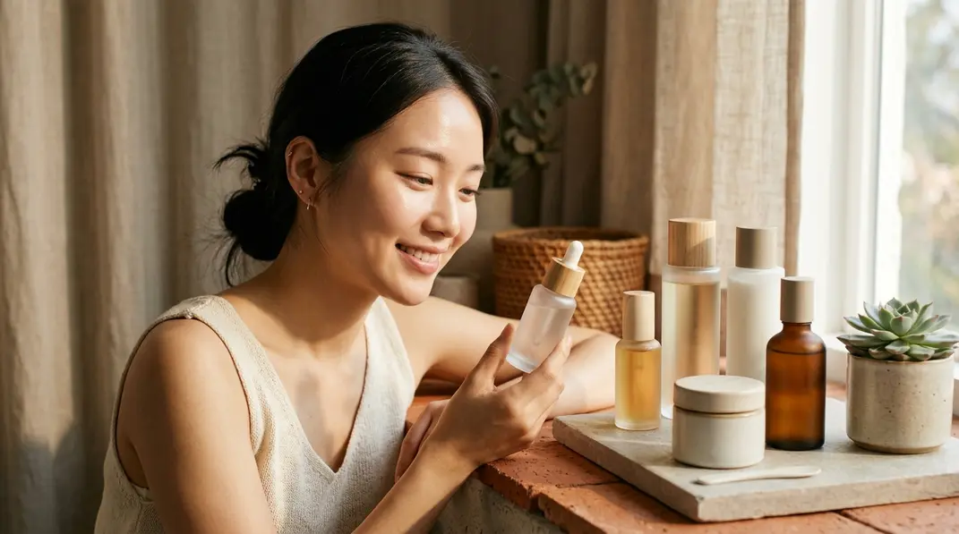 A diverse array of Korean skincare products seamlessly arranged on a textured terracotta surface.