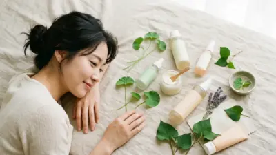 A beautifully arranged flat lay of Korean skincare products and natural soothing ingredients like centella on a beige background.