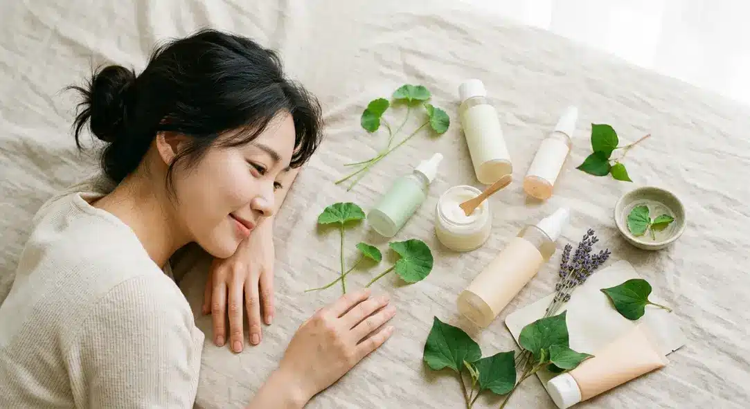 A beautifully arranged flat lay of Korean skincare products and natural soothing ingredients like centella on a beige background.