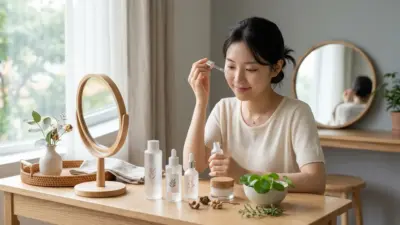 A visually soothing minimalist Korean skincare setup on a wooden vanity featuring pastel terracotta tones.