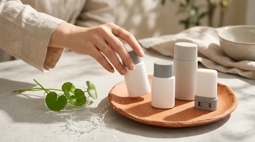A collection of sleek Korean sunscreen tubes and bottles arranged aesthetically on a warm terracotta background