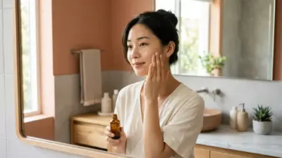 A glowing Korean woman applying skincare with a radiant complexion