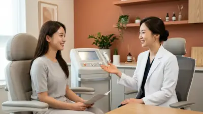 A clean, modern dermatology clinic room with a professional medical device in the background and a doctor speaking with a smiling patient.