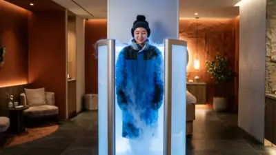 A sleek, modern whole-body cryotherapy chamber in a luxurious wellness spa glowing with cold mist.