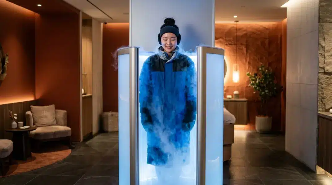 A sleek, modern whole-body cryotherapy chamber in a luxurious wellness spa glowing with cold mist.