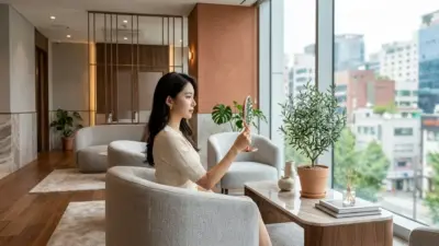 A serene, luxurious aesthetic clinic waiting room in Gangnam, Seoul