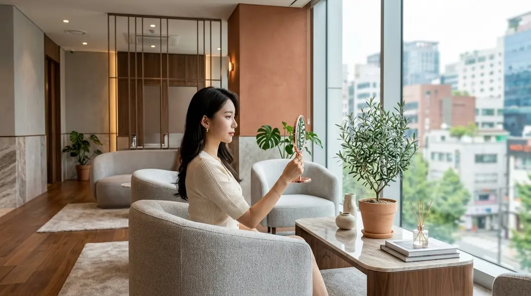A serene, luxurious aesthetic clinic waiting room in Gangnam, Seoul