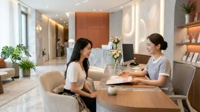 A modern plastic surgery clinic in Seoul with a consultant smiling at a patient.