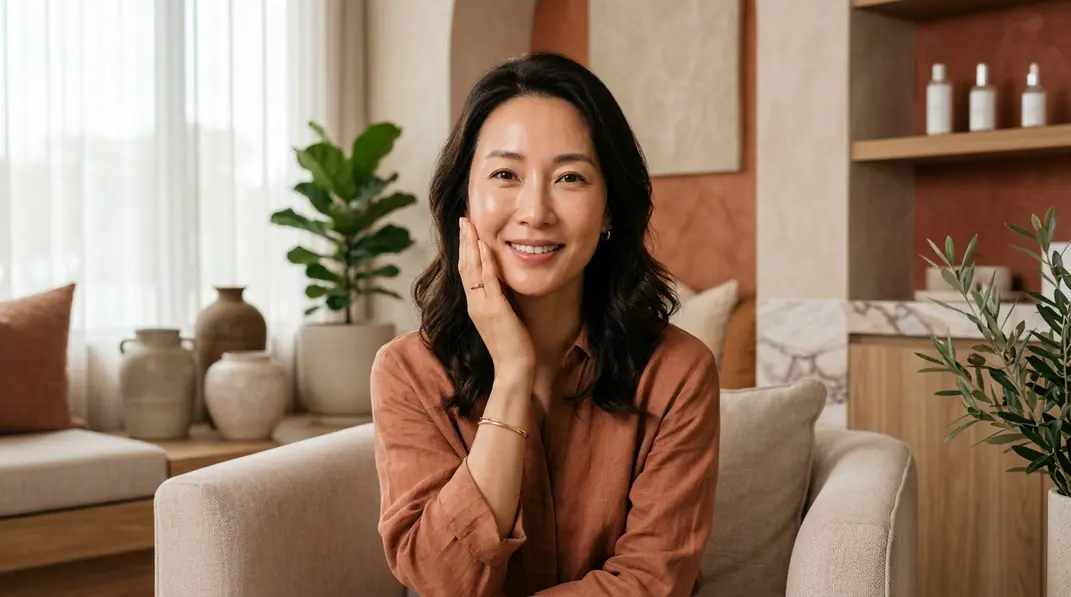 A photorealistic image of a confident woman gently smiling, showcasing a rejuvenated lower face and natural mouth corners.