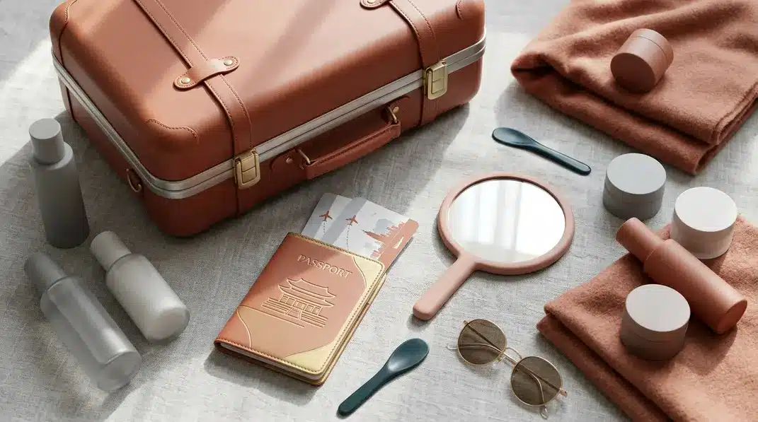 A serene composition representing a medical vacation in South Korea, featuring a suitcase, a stylized Korean passport, and subtle beauty elements.