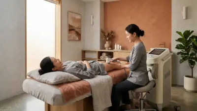 A modern aesthetic clinic room featuring a non-invasive body contouring device.