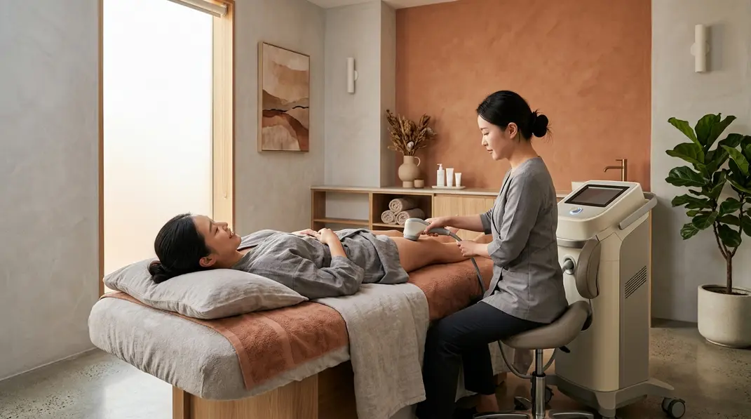 A modern aesthetic clinic room featuring a non-invasive body contouring device.