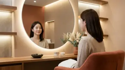 A serene woman examining her youthful face in a mirror within a bright clinic.