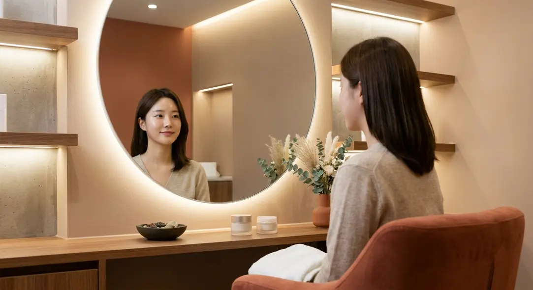 A serene woman examining her youthful face in a mirror within a bright clinic.
