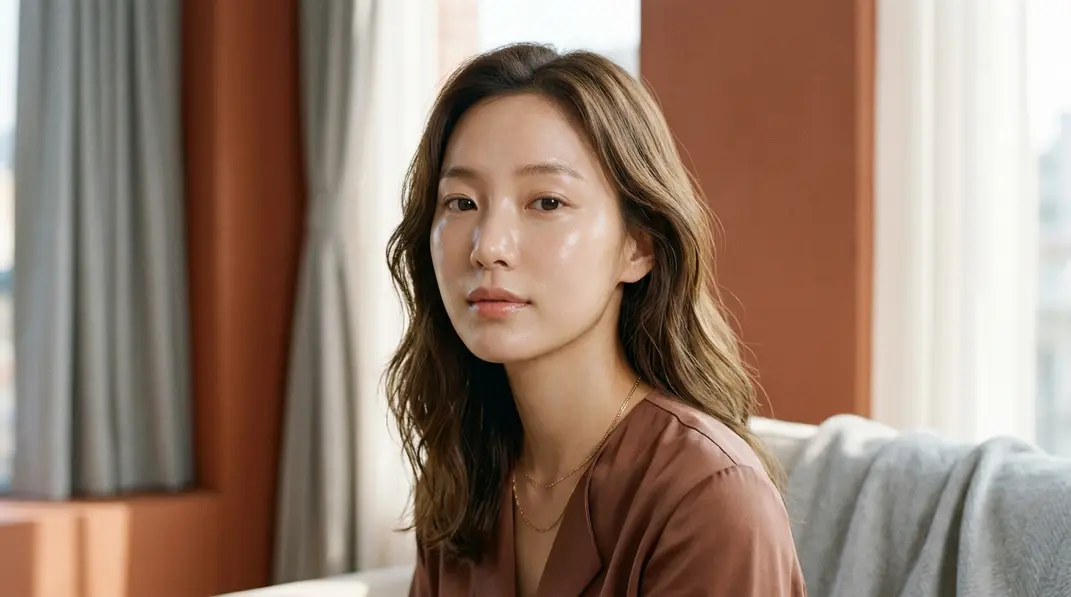 A woman with exceptionally smooth, hydrated, and radiant glass skin.